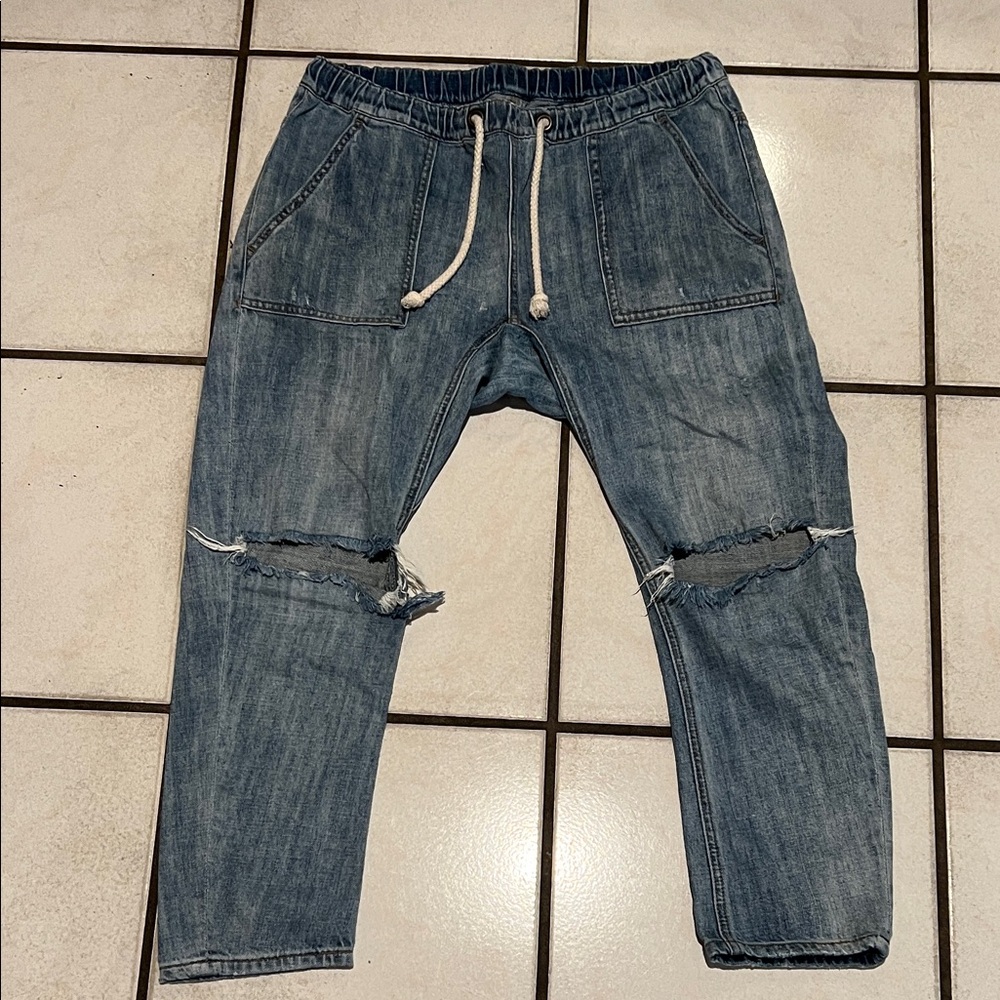One teaspoon size large elastic waist jeans with knee holes and drawstring, nice